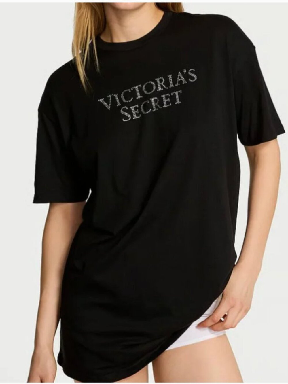 Victoria's Secret All Cotton Oversize Sleep Tee - Black With Rhinestones NWT